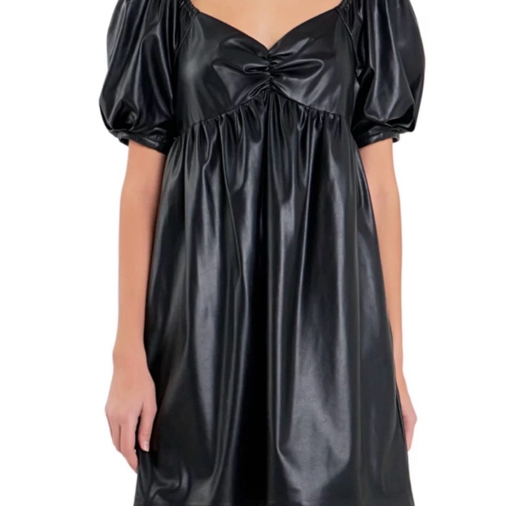 English Factory Black Faux Leather Puff-Sleeve Mini Dress